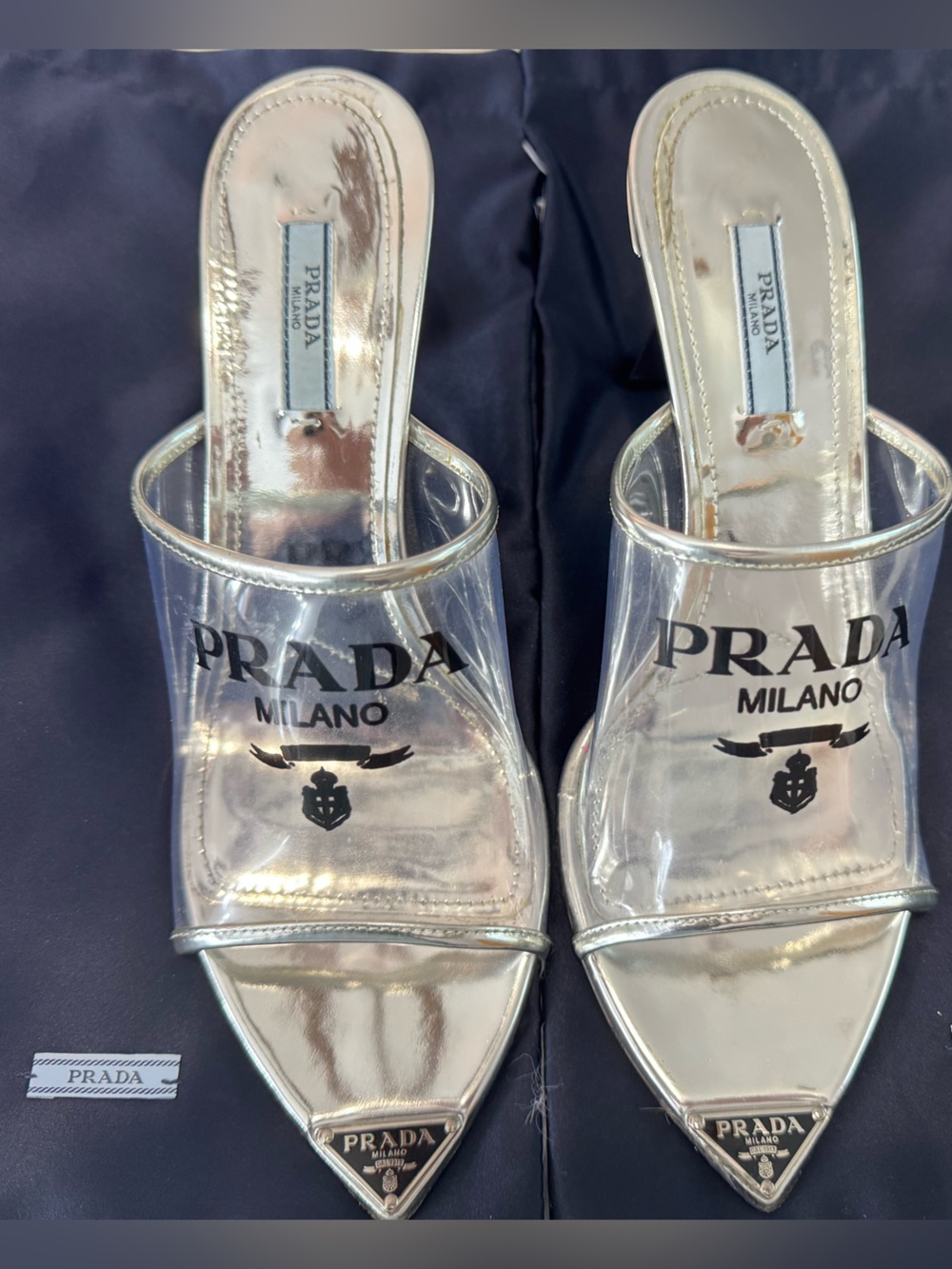Prada Metallic Silver Pointed-Toe Clear Strap Slide Mules